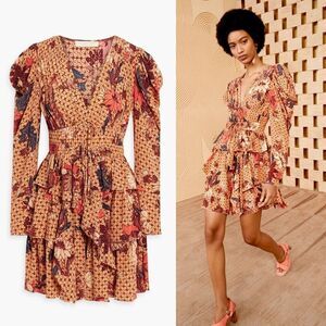 Ulla Johnson Oni Garden Rose Floral Silk Tiered Puff Long Sleeve Mini Dress Sz 0